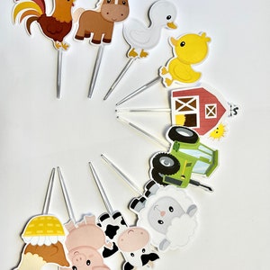Set of 12 Farm Animals Birthday Party Cupcake Toppers, Barnyard Party Favors Toppers