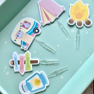 12 set Girl Camping Glamping Birthday Party Cupcake Toppers