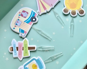 12 set Girl Camping Glamping Birthday Party Cupcake Toppers