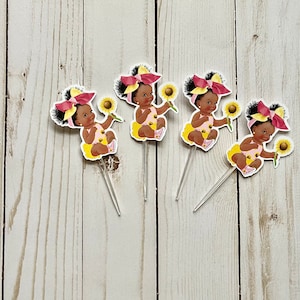 Set of 12 Pink Sunflower Baby Cupcake Toppers Sunflower Baby Shower Sunflower Pink And Yellow Sitting Baby Girl