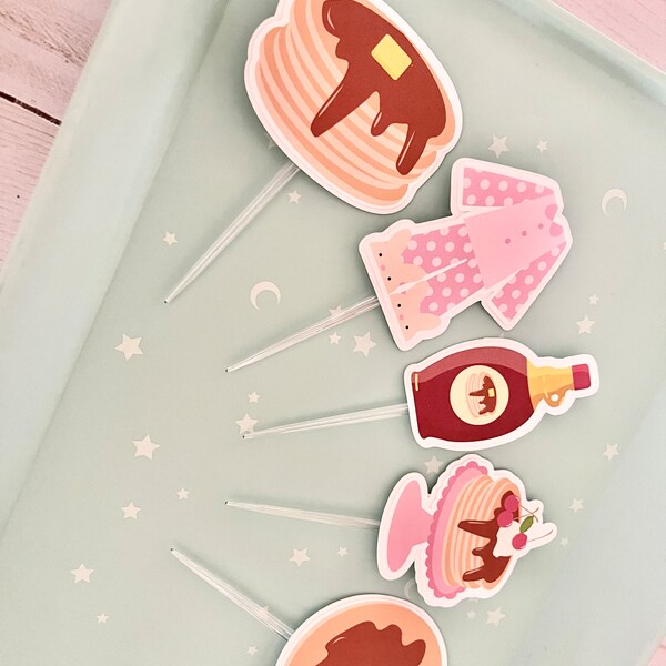 Set of 12 Girl Pancake Pajamas Cupcake Toppers, Pancake Birthday Party Decorations