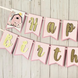 Pink Gingham Farm Birthday Banner Party Decorations