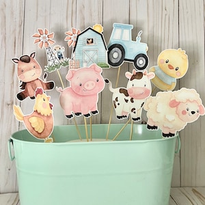 Blue Watercolor Farm Animal Centerpiece Picks: Set of 9