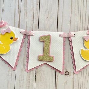 Girl Duck High Chair Banner One Banner First Birthday Party Decorations pink Rubber Duck 1st Banner
