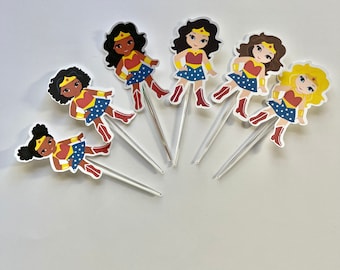 Set of 12 Wonder Little Woman Birthday Party Cupcake Toppers Super Girl toppers