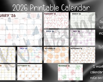 Calendario de festivos 2026 / PDF imprimible de 11x17 / Planificador anual con festivos y notas / Descarga digital moderna