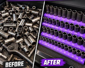 May include: A split-screen comparison showing a disorganized tool drawer filled with scattered metal socket tools on the left, and a purple tiered socket organizer tray holding neatly arranged black metal sockets on the right.