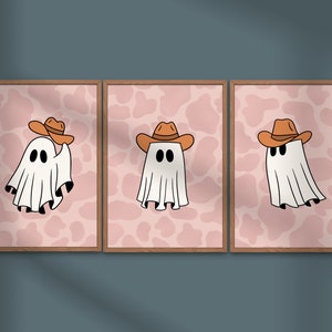 Pink Halloween Cowboy/Cowgirl Art Print Set | Halloween Print Set, Country Ghost Art Prints, Pink Halloween Artwork, Instant Download