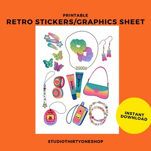 Printable Retro 90&#39;s/2000&#39;s Graphics | Planner Stickers, Laptop Stickers, Printable Sticker Sheet