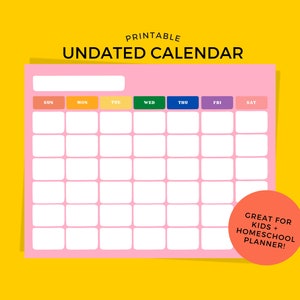 Printable Undated Calendar | Printable Planners, Pink/Rainbow Calendar, Homeschool Classroom Monthly Planner, Instant Download