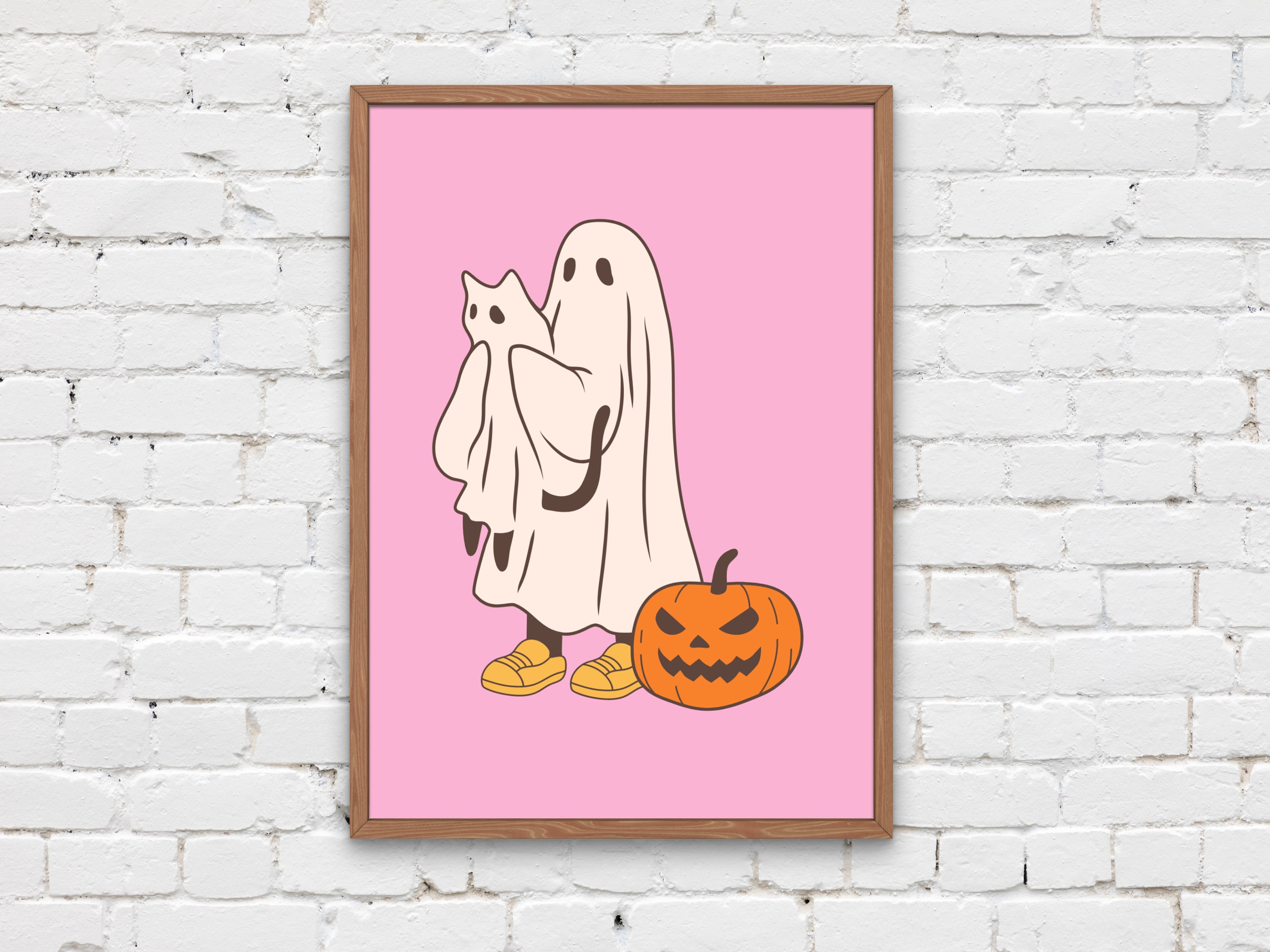 Halloween Ghost & Cat Art Print | Pink Halloween Artwork, Cute ...