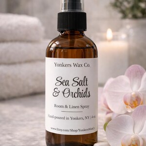 Hand-Poured Room & Linen Spray, 4 oz Amber Bottle, Cozy Home Fragrance Sea Salt & Orchids
