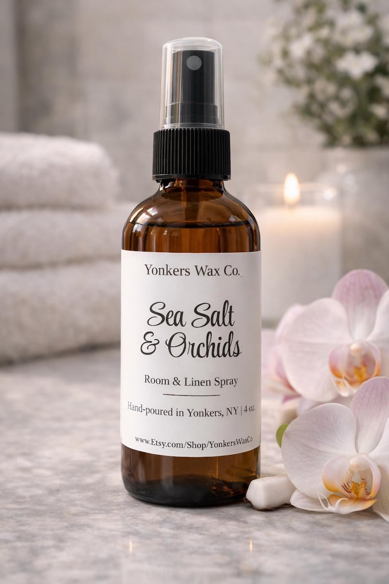 Hand-Poured Room & Linen Spray, 4 oz Amber Bottle, Cozy Home Fragrance Sea Salt & Orchids