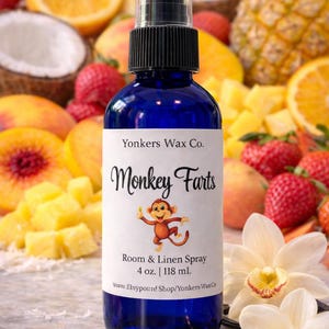 Hand-Poured Room & Linen Spray, 4 oz Amber Bottle, Cozy Home Fragrance Monkey Farts