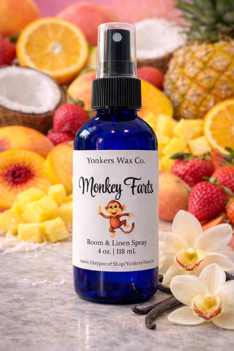 Hand-Poured Room & Linen Spray, 4 oz Amber Bottle, Cozy Home Fragrance Monkey Farts