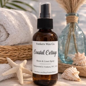 Hand-Poured Room & Linen Spray, 4 oz Amber Bottle, Cozy Home Fragrance Coastal Cottage