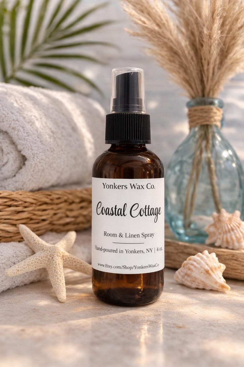 Hand-Poured Room & Linen Spray, 4 oz Amber Bottle, Cozy Home Fragrance Coastal Cottage