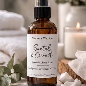 Hand-Poured Room & Linen Spray, 4 oz Amber Bottle, Cozy Home Fragrance Santal & Coconut