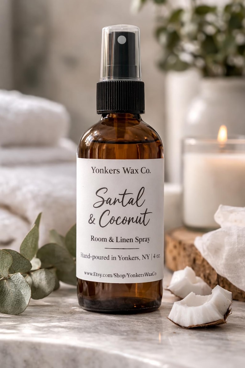 Hand-Poured Room & Linen Spray, 4 oz Amber Bottle, Cozy Home Fragrance Santal & Coconut