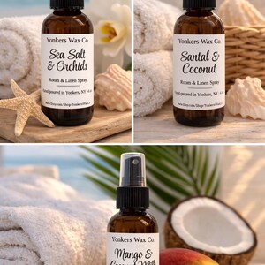 Hand-Poured Room & Linen Spray, 4 oz Amber Bottle, Cozy Home Fragrance Mango & Coconut Milk