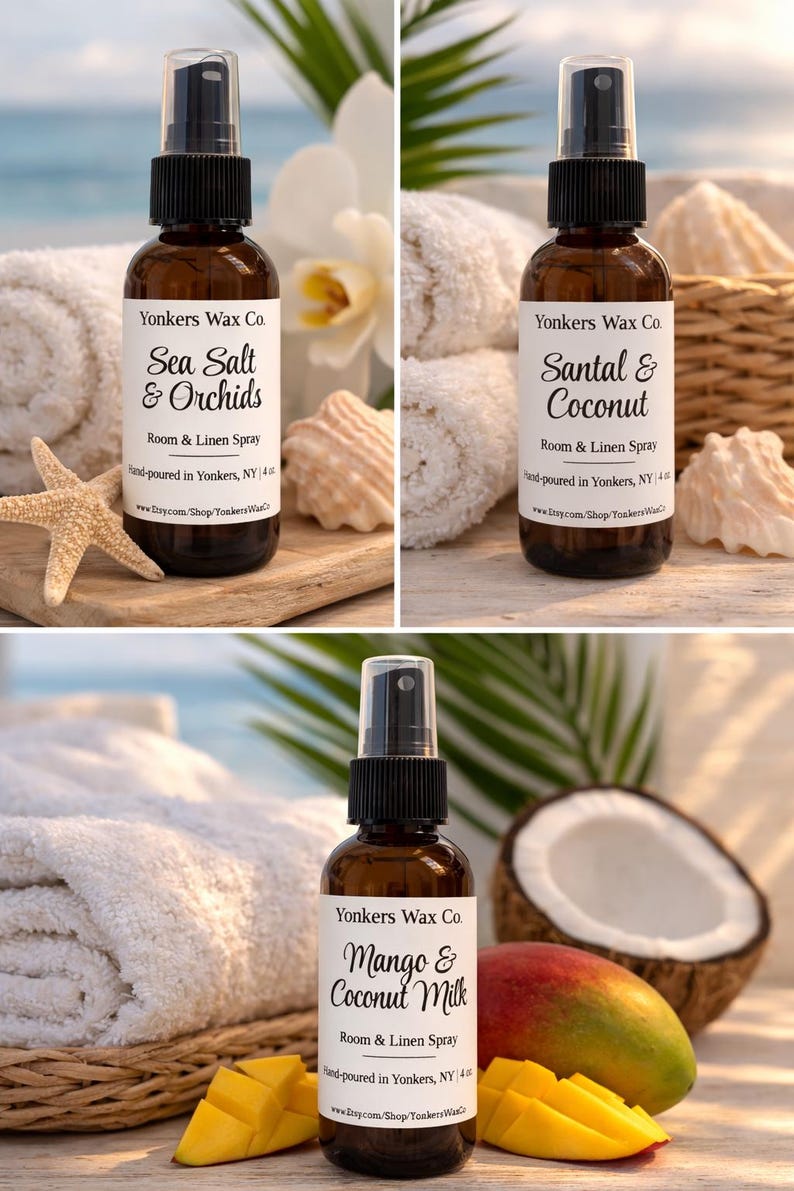 Hand-Poured Room & Linen Spray, 4 oz Amber Bottle, Cozy Home Fragrance Mango & Coconut Milk