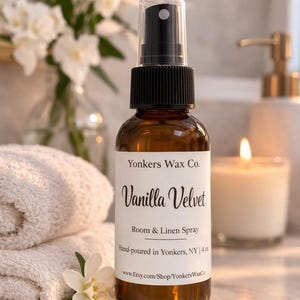 Hand-Poured Room & Linen Spray, 4 oz Amber Bottle, Cozy Home Fragrance Vanilla Velvet
