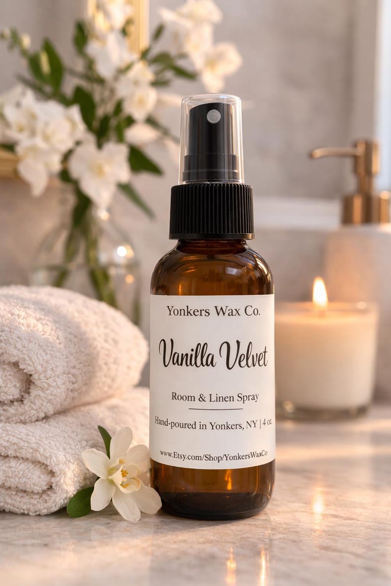 Hand-Poured Room & Linen Spray, 4 oz Amber Bottle, Cozy Home Fragrance Vanilla Velvet