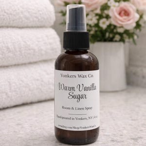Hand-Poured Room & Linen Spray, 4 oz Amber Bottle, Cozy Home Fragrance Warm Vanilla Sugar