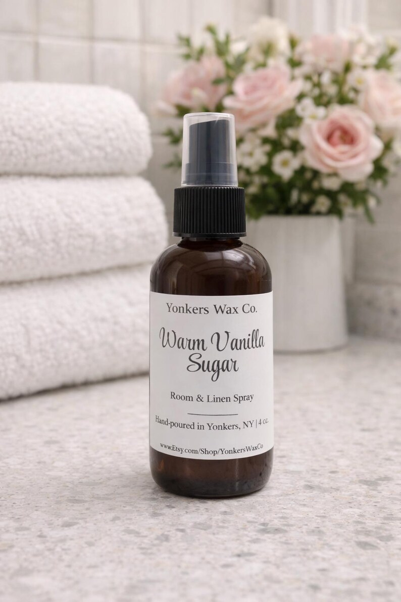 Hand-Poured Room & Linen Spray, 4 oz Amber Bottle, Cozy Home Fragrance Warm Vanilla Sugar
