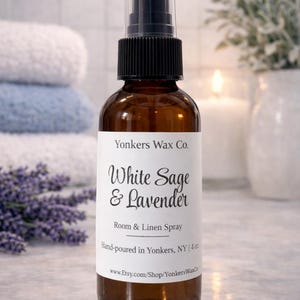 Hand-Poured Room & Linen Spray, 4 oz Amber Bottle, Cozy Home Fragrance WhiteSage & Lavender