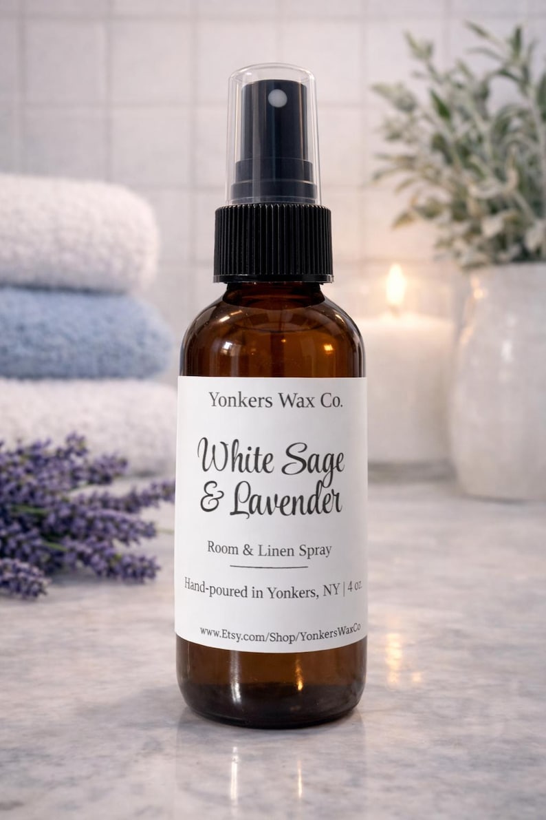 Hand-Poured Room & Linen Spray, 4 oz Amber Bottle, Cozy Home Fragrance WhiteSage & Lavender