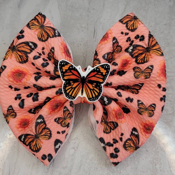 Monarch Bows, Fabric Pinch Bows, 5 inch Bow, Spring Bow, Headband ,Butterfly Print Bows, Pinch Bows, Orange Bows, Girls Bows