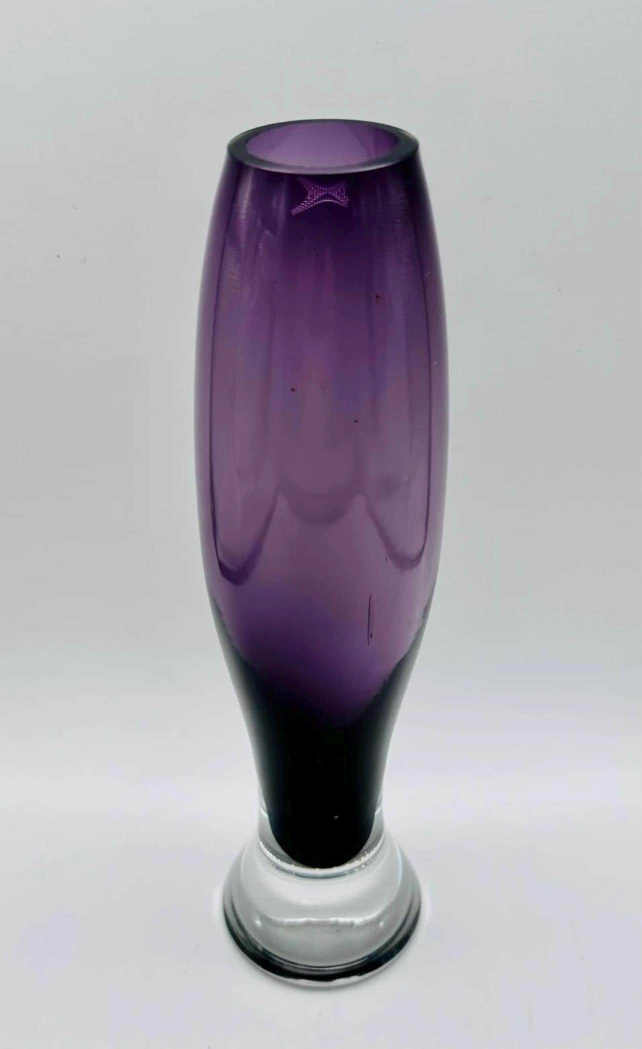 Hand Blown Amethyst Purple and Clear Heavy Art Glass Vase