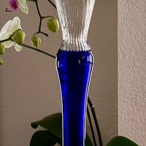 Tall Hand Blown Cobalt Blue Clear Glass Narrow Art Glass Vase Signed By Artist