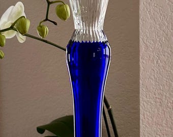 Tall Hand Blown Cobalt Blue Clear Glass Narrow Art Glass Vase Signed By Artist