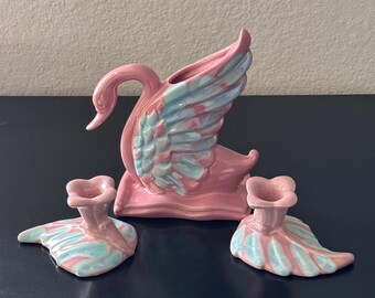 Royal Haeger Pink Swan Planter Vase with Candle Holders: Art Deco Ceramic Set