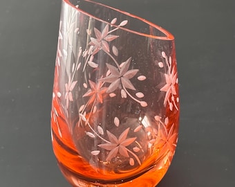 Vintage MCM Art Deco Style Pink Orangey Cut Glass Crystal Etched Floral Vase