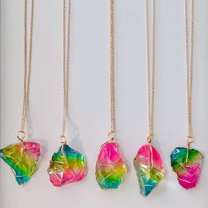 Rainbow Aura Quartz Wire Wrapped Pendant Necklace New