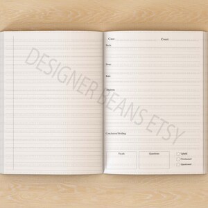 Puede incluir: Un cuaderno en blanco con cubierta blanca y l&iacute;neas negras. El cuaderno est&aacute; abierto en dos p&aacute;ginas, con la p&aacute;gina izquierda en blanco y la p&aacute;gina derecha con encabezados para "Caso", "Hechos", "Asunto", "Regla", "An&aacute;lisis", "Conclusi&oacute;n/Sentencia", "Voto", "Preguntas", y "Confirmado, Anulado, Cuestionado".