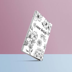 Puede incluir: Un cuaderno blanco con un dise&ntilde;o floral negro y el texto "case briefs" en la portada.