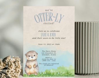 Invitación para baby shower con temática de nutria: Plantilla editable de Canva (descarga digital)