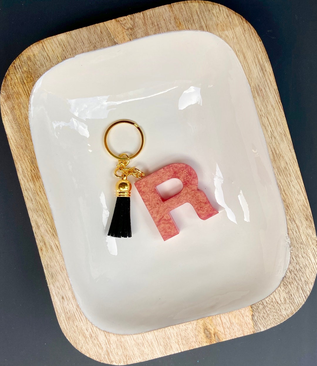Monogram Letter R Rose Gold With Black Tassel Keychain Diaper - Etsy