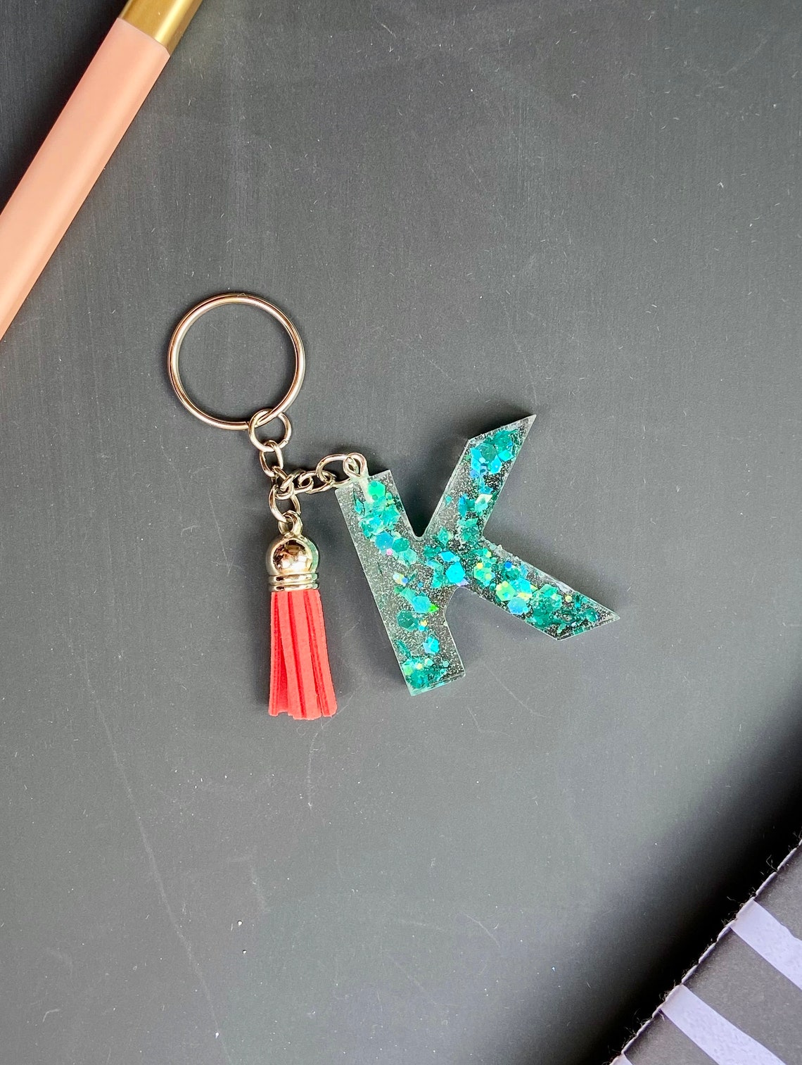 Monogram letter K Keychain with teal chunky glitter and coral Etsy