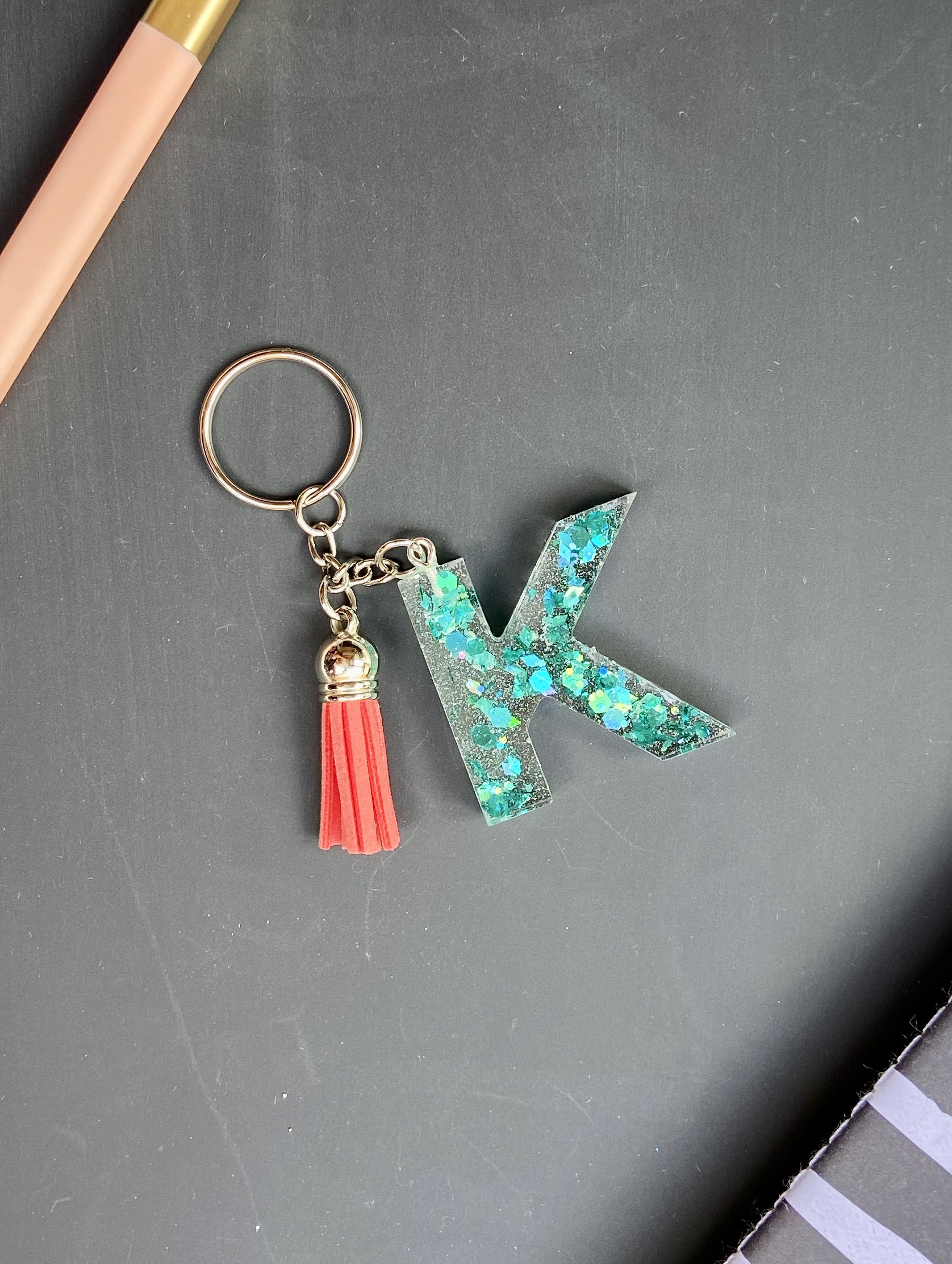 Monogram Letter K Keychain With Teal Chunky Glitter And Coral Etsy