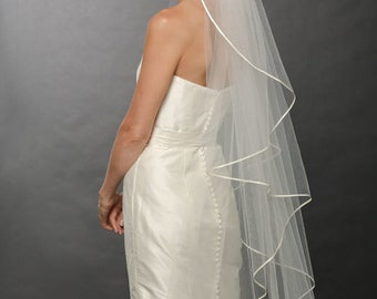 Ribbon Wedding Veil Waterfall Veil Cascade Single Tier Veil Satin Ribbon Edge Veil Made-to-Order Bespoke Veil