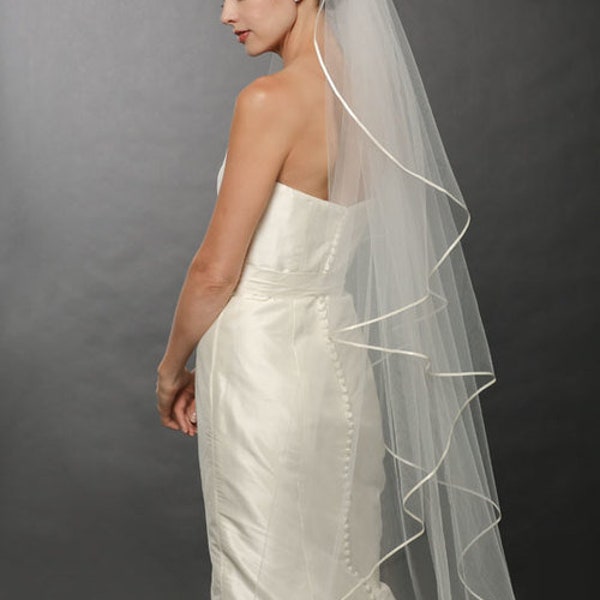 Ribbon Wedding Veil Waterfall Veil Cascade Single Tier Veil Satin Ribbon Edge Veil Made-to-Order Bespoke Veil