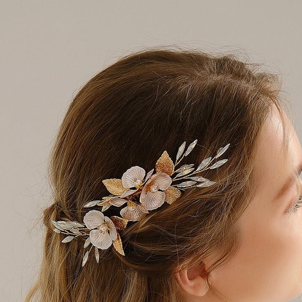 Bride  Bridesmaid  Headpiece Bridal Wedding Hair Accessories Metal Flower Leaf Hair Combs Clips
