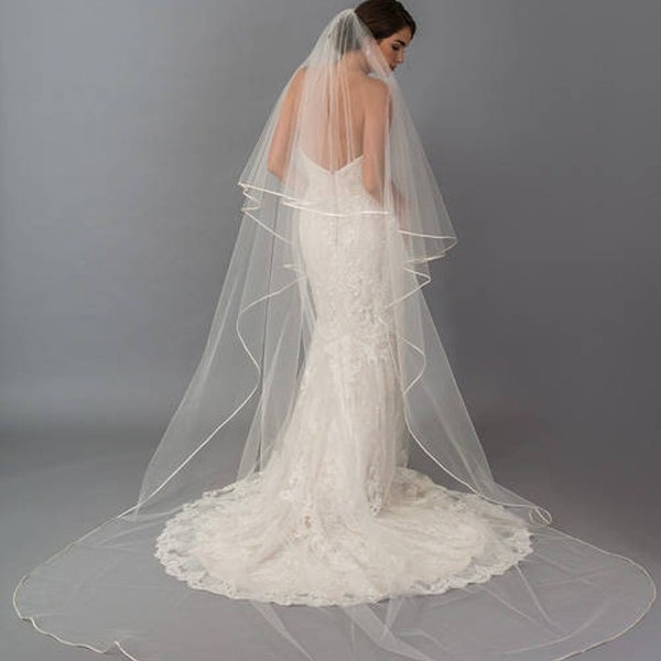 Classic Double Tier Veil with Satin Ribbon Bridal Two Tier Wedding Veil, Satin Bias Binding Ribbon