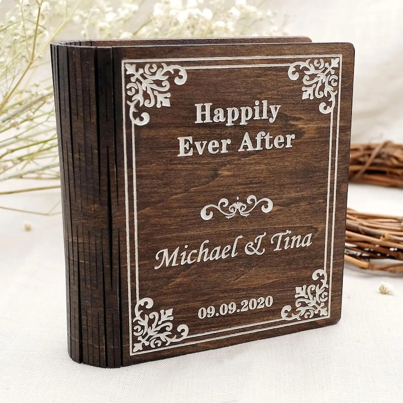 Personalised Wedding Ring Box Book Ring Box Holder, Wedding ring box set, Proposal Ring holder-Made From Wood Brown & White. image 9
