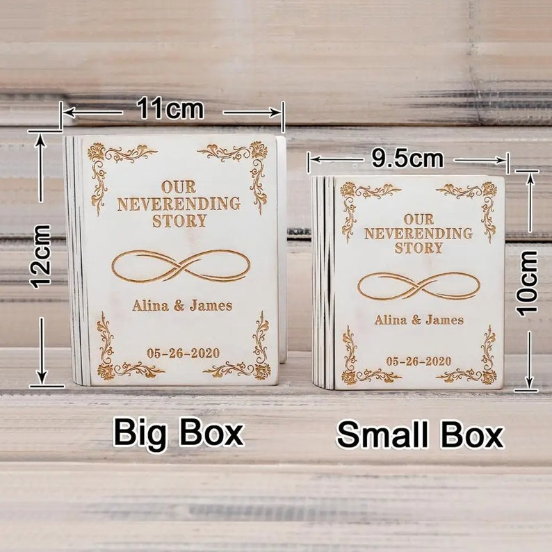 Personalised Wedding Ring Box Book Ring Box Holder, Wedding ring box set, Proposal Ring holder-Made From Wood Brown & White. image 4